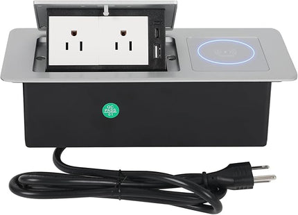 Pop Up Outlet with 15W Wireless Charger, Power Strip with 2 AC Outlets, USB A and USB C Charging Ports Recessed Multimedia Strip Socket Hidden Table Connection Box with Outlet (Sliver-F-Wireless)