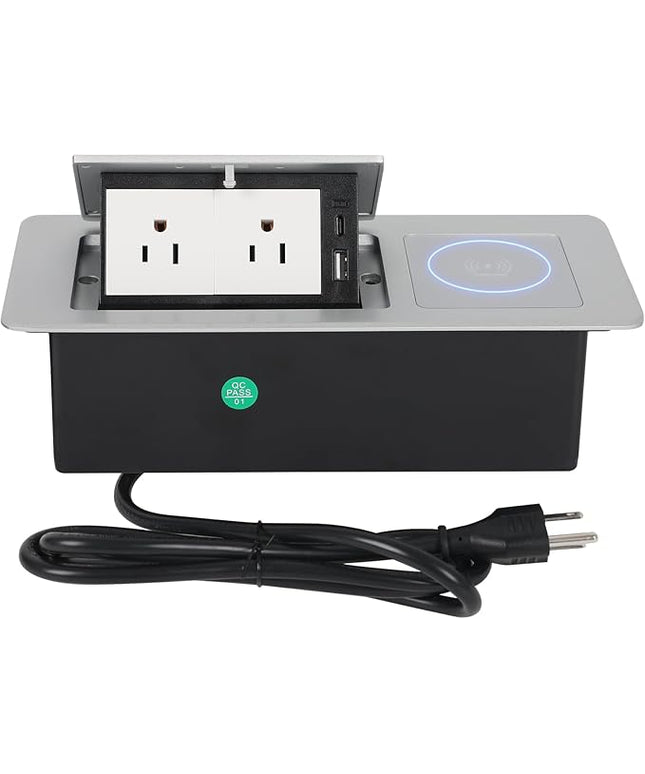 Pop Up Outlet with 15W Wireless Charger, Power Strip with 2 AC Outlets, USB A and USB C Charging Ports Recessed Multimedia Strip Socket Hidden Table Connection Box with Outlet (Sliver-F-Wireless)