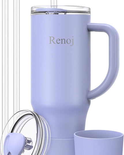 Renoj Tumbler with Handle 100% Spill Resistant Insulated Water Bottle for Iced Coffee & Hot Drinks - Fits Car Cup Holder, Ideal Gift, 2 Straws & Silicone Boot BPA-Free - FlexSlide Blue 32 oz