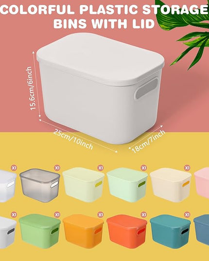 Thyle 12 Pack 7 Quarts Plastic Storage Bins for Christmas Storage with Lids Handles Colorful Stackable Desktop Box Bins with Label for Shelf Drawer,10 x 7 x 6 Inch (Classic Color)