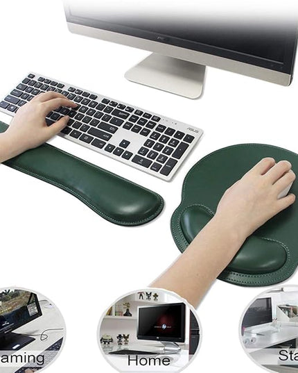 RICHEN Ergonomic PU Leather Keyboard Wrist Rest and Mouse Pad with Wrist Support, Memory Foam Set for Computer/Laptop,Gaming and Office, Comfortable for Easy Typing & Pain Relief (Dark Green)