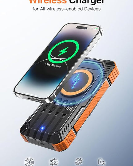 Solar Power Bank 49800mAh Wireless Portable Charger with USB-C 15W Fast Charging with 4 Built-in Cables LED Flashlight Battery Pack Compatible with iPhone, iPad, Smartphone,Perfect for Camping, Hiking