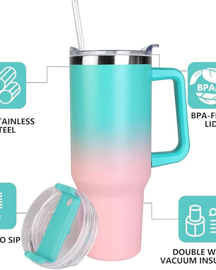 SYACOT 40 oz Tumbler with Handle and Straw Stainless Steel Insulated Tumbler Leak Proof Lid and Straw Lid Reusable Travel Mug Coffee Mug Cup Dishwasher Safe Keep Drinks Cold and Hot (Bubble Gum)