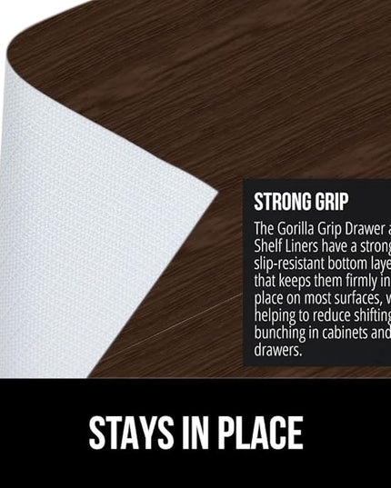 GORILLA GRIP DripGuard Shelf Liner, Non Adhesive Drawer and Kitchen Cabinet Protector, Slip Resistant BPA Free Smooth Surface Plastic Liners for Cabinets, Bathrooms, Closets, 17.5x120 Inch, Wood