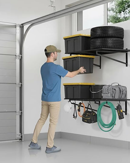 2-Pack Garage Wall Shelves, 2' x 4' Heavy Duty Wall Mounted Storage Rack with 6 Hooks, 500 lbs Capacity (250 lbs Each), Steel Garage Organization Shelving for Tools, Bins, and Power Equipment