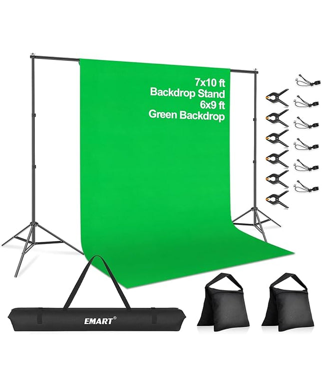 EMART 7 x 10ft Green Screen Backdrop Kit with Tripod Stand, Photography Background Support System with 6 x9ft 100% Cotton Muslin Chromakey Backdrop for Photo Studio, Video Shooting, Live Streaming