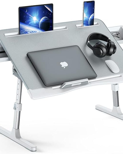 Laptop Bed Tray Desk, Foldable and Adjustable Lap Table with Heights and Angles, Upgraded-Sturdy Laptop Lap Desk for Bed/Sofa/Couch/Floor (2 Drawers, X-Large, Grey)