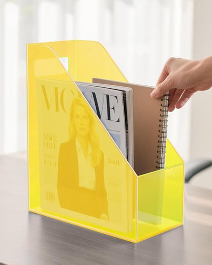 Acrylic Magazine Rack Desk File Holder Organizer for Office Desktop Vertical Magazine Storage Box, 12 x 10 x 5'', Neon Yellow