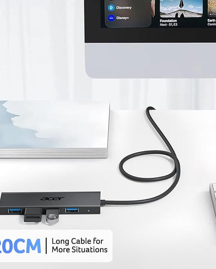 Acer USB Hub 4 Ports, Multiple USB 3.0 Hub, USBA Splitter for Laptop with Type C Power Port, Extender for A Port Laptop, PC, Desktop and More (4ft)
