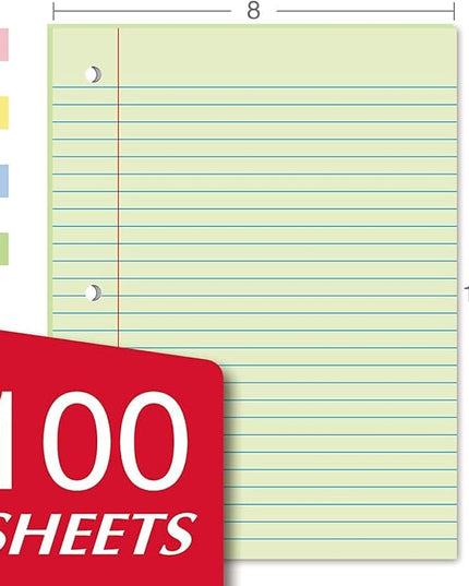 Kaisa Filler Paper Colored loose Leaf Paper, Wide Ruled 8x10.5in Colored Paper, 3-Hole Punched for 3-Ring Binders,100Sheets/pack 4Packs, FC10001W