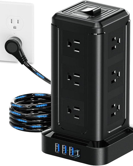 NVEESHOX Surge Protector Power Strip Tower, 10 FT Flat Plug Extension Cord with 12 AC Outlets 4 USB Ports(20W PD Type C), Charging Station with Surge Protection for Family, Office, Dorm
