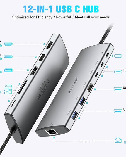 RSHTECH USB C Hub Docking Station Dual Monitor 12 in 1 Triple Display Multiport Adapter with 2 HDMI, 4K DP, 3 USB 3.2 10Gbps, 2 USB 3.0 Ports, 100W PD, Gigabit Ethernet, SD/TF for MacBook, Laptops