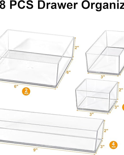 Stackable Acrylic Drawer Organizer Set, 18 PCS Multi-Size Storage Bins for Makeup, Office Desk, Bathroom, Vanity and Kitchen Utensils