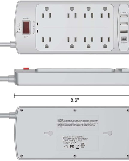 Surge Protector Power Strip - Nuetsa Flat Plug Extension Cord with 8 Outlets and 4 USB Ports, 10 Feet Power Cord (1625W/13A), 2700 Joules, ETL Listed, Grey