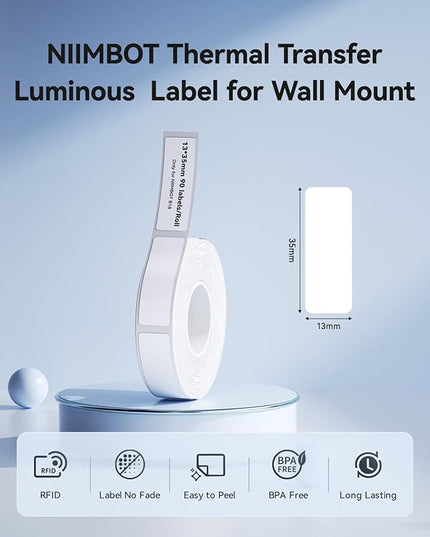 NIIMBOT B18/N1 Thermal Transfer Labels 0.51" x 1.37" (13x35mm), Only for B18/N1 Label Maker, PET Material, Waterproof and High-Temperature Resistance, Long Storage Time,Luminous
