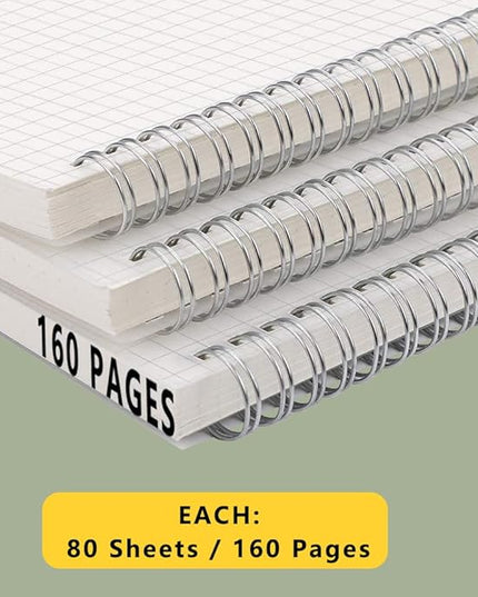 WRENBEN Graph Paper Spiral Notebook 8.5 x 11 Inches 240 Pages, A4 Grid Journal with 120gsm Thick Graphing Paper, Large Math Notebook 1/5 Inch Squares with Water-proof PVC Cover (3 Pack, A4)