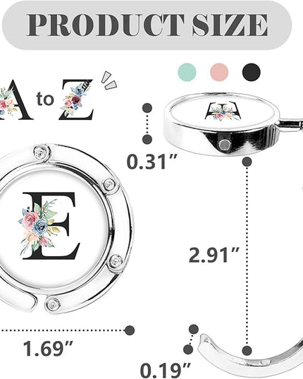 Iqimott 3pcs Personalized Initial Foldable Purse Hook for Table, Flower Letter Folding Handbag Hanger Portable Magnet Table Hook Holder, Collection Desk Purse Hooks for Women Bag (Black-E)