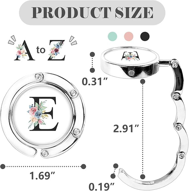 Iqimott 3pcs Personalized Initial Foldable Purse Hook for Table, Flower Letter Folding Handbag Hanger Portable Magnet Table Hook Holder, Collection Desk Purse Hooks for Women Bag (Black-E)