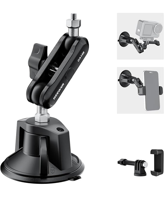 NEEWER Suction Cup Phone Holder & Camera Mount Compatible With GoPro DJI Insta360 iPhone, Car Phone Mount with Action Camera Adapter 360° Magic Arm for POV Windshield Glass Vlog Video Recording, CA158
