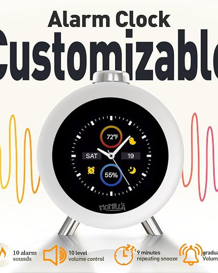 MOMILLA Alarm Clock for Heavy Sleepers, Colorful Screen Temperature, Loud 7-Day Programmable 4 Alarms, Small Clocks Bedrooms for Kids Adults Boys Girls, Easy to Set, Digital White Noise, Hourly Chime