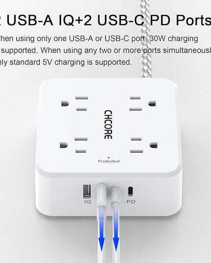 5Ft Flat Plug Braided Extension Cord - CHCORE Surge Protector Power Strip with 8 Outlets and 2 USB-C (PD 30W) Fast Charging Ports and 2 USB-A Ports for Home, Office, Dorm Room Essentials, ETL, White