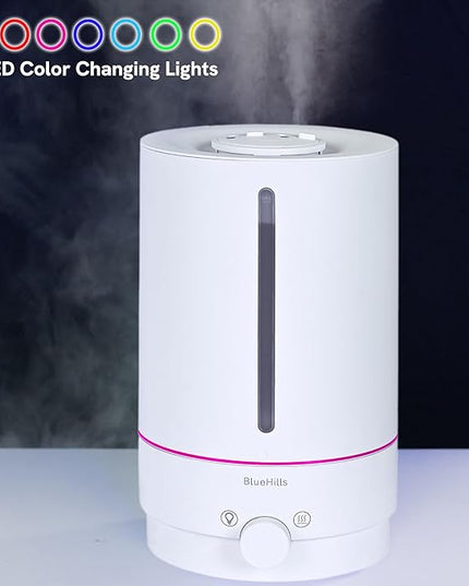 BlueHills Premium 5000 ML XL Cool and Warm Mist Ultrasonic Diffuser Humidifier Large Room Huge Coverage Area 5 Liter Big Capacity High Output 50 Hours Long Run Time Essential Oil Diffuser White W501