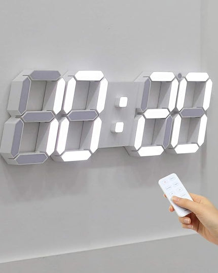 mooas 3D LED Clock, Multi-Function LED Clock (Calendar, Alarm, Temperature) (15.3" Big Plus White Wall Clock with Remote Control)