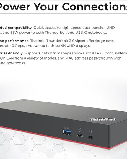 Lenovo 40AN0135US Thunderbolt 3 Dock - Gen 2 Dual UHD 4K Display with 135W Power Adapter, Thinkpad Lenovo Docking Station Dual Monitor with HDMI, DisplayPort, Thunderbolt Cable, Cloth