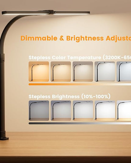 LED Desk Lamp for Home Office, 24W Computer Desk Light with Remote Control, Bright Table Lamp with Clamp Dimmable Tall Desktop Lighting with Bendable Gooseneck, Double Head, Black