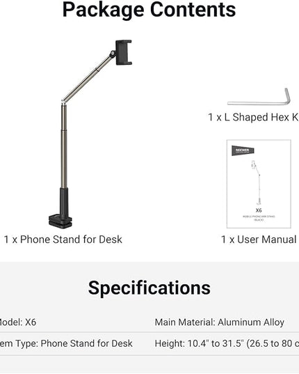 NEEWER Entry Level Version Phone Stand for Desk & Bed, 360° Adjustable Office Table Bedside Overhead Cell Phone Holder Mount Compatible with iPhone Samsung Android for Video Recording Filming, X6
