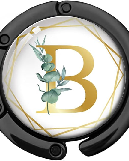 Gold Initial Foldable Purse Hook Gifts, Eucalyptus Letter Handbag Hanger, Women's Bag Hanger Holder, Round Purse Table Hook, Funny Desk Decor Gifts for Women Coworker Friend (Eucalyptus B)