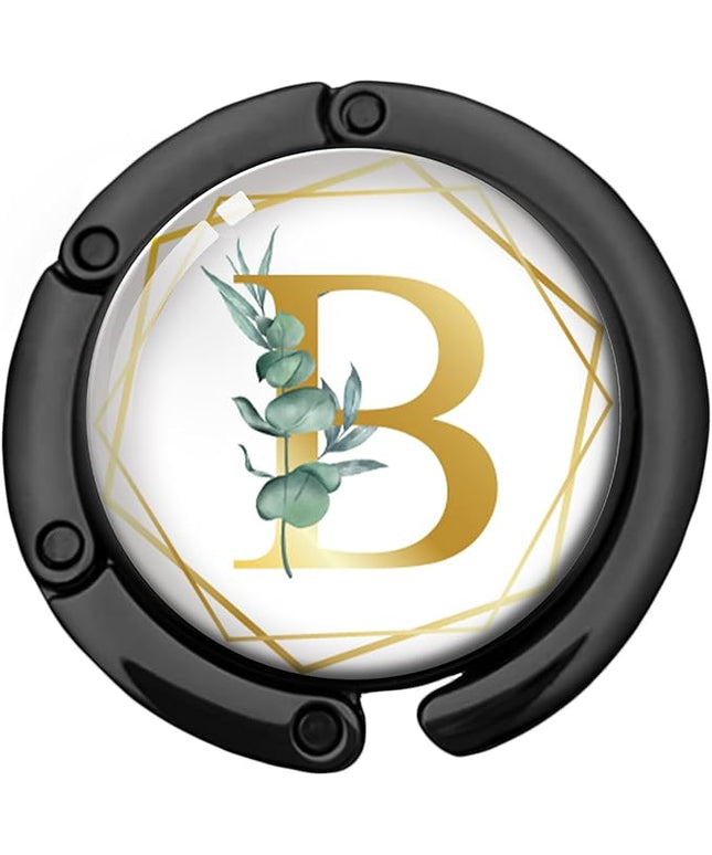 Gold Initial Foldable Purse Hook Gifts, Eucalyptus Letter Handbag Hanger, Women's Bag Hanger Holder, Round Purse Table Hook, Funny Desk Decor Gifts for Women Coworker Friend (Eucalyptus B)