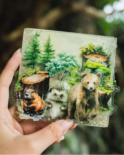 Dwpetzo 150Pcs PET Forest Landscape Stickers for Journaling and Scrapbooking, 6 Themes with Pine Trees Woodland Animals Wooden Stumps Moss Nature Scene Stickers for Junk Journal Supplies, Collage