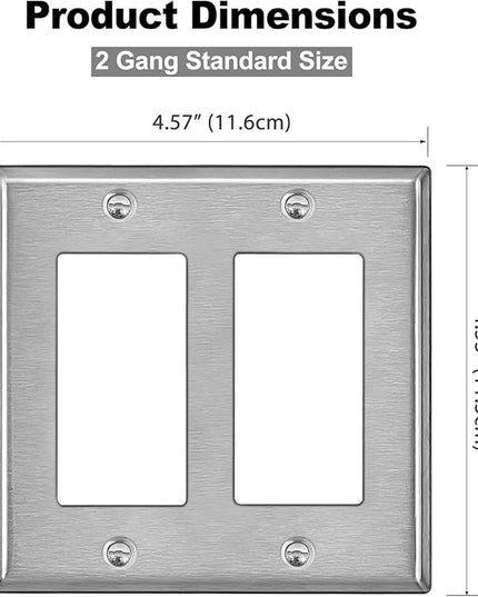 [5 Pack] BESTTEN 2 Gang Decor Metal Wall Plate with Plastic Film, Decorator Stainless Steel Outlet Cover, Durable Corrosion Resistant Industrial Grade Material, H4.53” x W4.57”, Brushed Finish, Silver