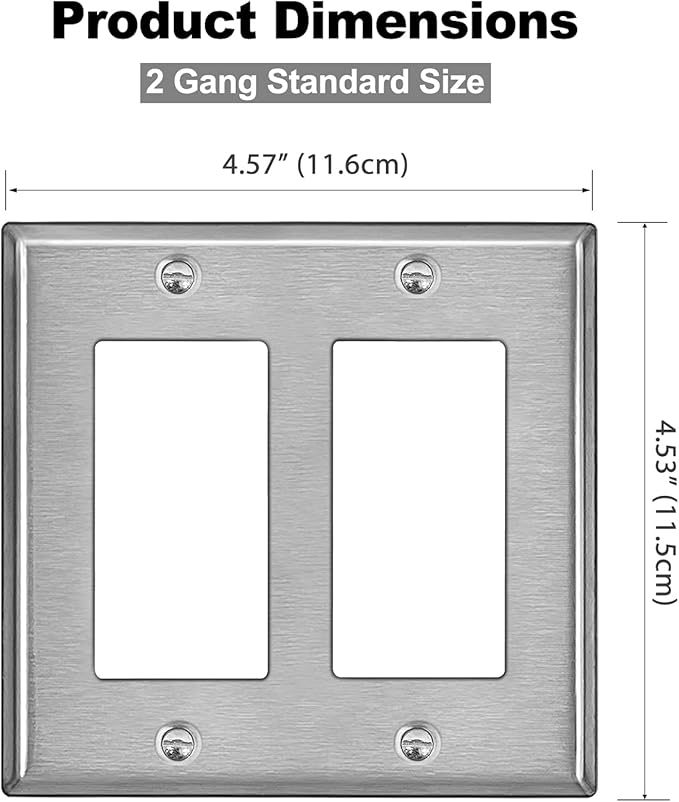 [5 Pack] BESTTEN 2 Gang Decor Metal Wall Plate with Plastic Film, Decorator Stainless Steel Outlet Cover, Durable Corrosion Resistant Industrial Grade Material, H4.53” x W4.57”, Brushed Finish, Silver