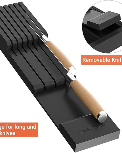 Bamboo-Silverware-Drawer-Organizer-Kitchen, Expandable Utensil Holder Cutlery Tray Flatware Organization Adjustable Wood Tableware Dividers Storage (with Removable Knife Block)(Black)
