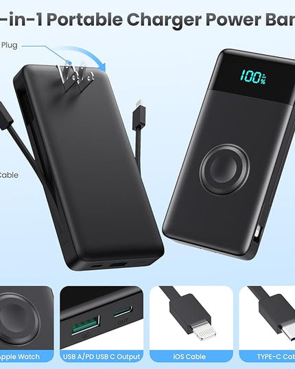 FOCHEW Portable Charger for iPhone with Built in Cables & Wall Plug,6-in-1 10800mah Power Bank with iWatch Charger, QC4.0+25W PD Fast Charging LCD Display Battery Pack for iPhone 16/15/14,Android