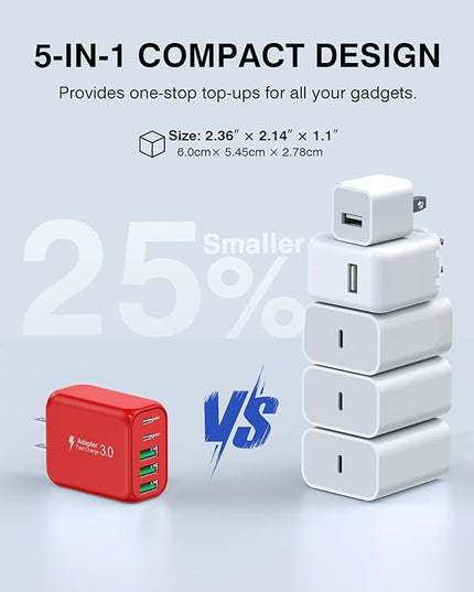 60W USB C Wall Charger, 2Pack 5-Port C Charger Fast Charging Block PD Power Adapter +QC 3.0 Multiport Type C Box Brick Cube USB A Wall Plug for iPhone 14/15/16/17 Pro Max, iPad,Samsung Galaxy(Red)