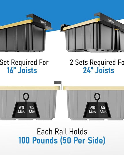 HANDT Overhead Garage Storage Rack, Connectable Heavy Duty Metal Ceiling Rails For Garage Storage Organization Shelving System, Hanging Racks For Tote Containers, Supports Up To 6 Bins, 4 Sets Black