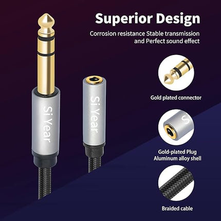 SiYear 1/4" to 3.5mm Headphone Extension Cable,5FT- 6.35mm Quarter inch Male to 1/8 inch Female Stereo Jack Audio Adapter for Amplifiers, Speaker, Guitar Amp,Home Theater, Mixing Console (1.5m-2PACK)