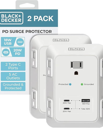 BLACK+DECKER PD USB Wall Charger Surge Protector, 2-Pack, 5 Outlet Extender 2 USB C & 1 USBA Charging Ports, Fast Charge 3 Sided Power Strip Multi Plug Outlets Wall Adapter for Home Office, ETL Listed