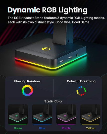 IFYOO RGB Gaming Headset Stand with 2 USB Ports, Game Headphone Mount for PC, Xbox One, PS4, Switch, Earphone Holder Hanger, Great for Gaming Stations, Fancy Desk Gamer Accessories, Black