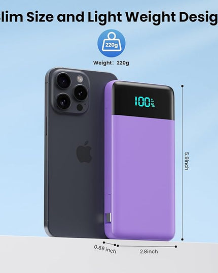 Portable Charger for iPhone with Built in Cables and Wall Plug,Upgraded 13800mAh Fast Charging USB C Power Bank,4 Outputs Travel Essential Battery Pack Compatible with iPhone 15/14/13,Samsung-Purple