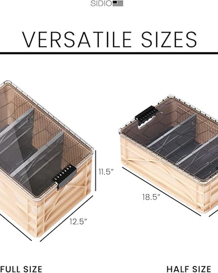 SIDIO Crate Pro Pack - 2 Full-Size & 1 Half-Size Heavy Duty Stackable Storage Bins, Totes and Containers with Lids and Dividers - Durable Organizer for Home, Office, Garage, and Outdoor Use