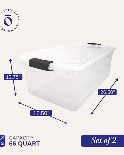 HOMZ 2-Pack Latching Lid, Large Clear Plastic Storage Bins with Lids, 66 Quart, Gray Latch - Stackable Container Boxes for Home, Bathroom, and Office Organization