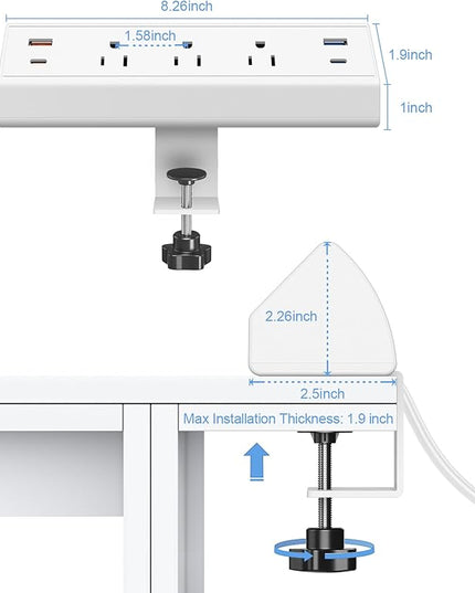 Desk Clamp Power Strip,40W Fast Charging Station,Desktop Mount Surge Protector,2 PD 20W USB C Ports,3 Outlets for Home,Office,Fit 1.9" Tabletop Edge (White, 3 Outlets & 4 USB Ports & 25 FT Cable)