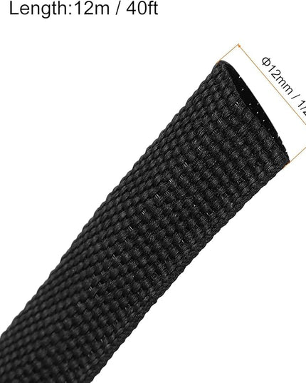 MECCANIXITY Braided Cable Sleeves Heat Shrinkable Fabric Sleeving, 1/2" 40ft Black 2:1 Ratio Heat Shrinkable Cord Protector for Harness Cable, Network Cable Protection, Cable Management