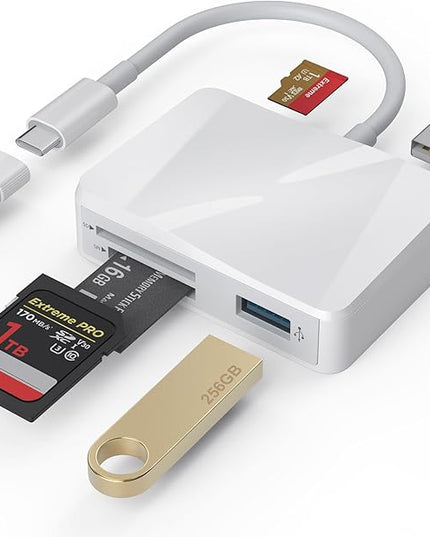 SD Card Reader, 5 in 1 USB-C & USB Card Adapter with SD/MicroSD/MS and Dual USB-A Ports Memory Card Reader for iPhone 17/16/15 Pro Max iPad MacBook Pro/Air M4/M3 Android Phone/Tablet PC (White)