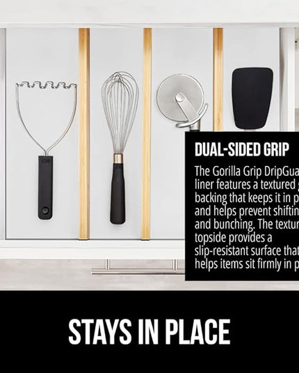 GORILLA GRIP DripGuard Shelf Liner, Non Adhesive Drawer and Kitchen Cabinet Protector, 24x240 Inch, Slip Resistant BPA Free Smooth Surface Plastic Liners for Cabinets, Bathrooms, Closets, White