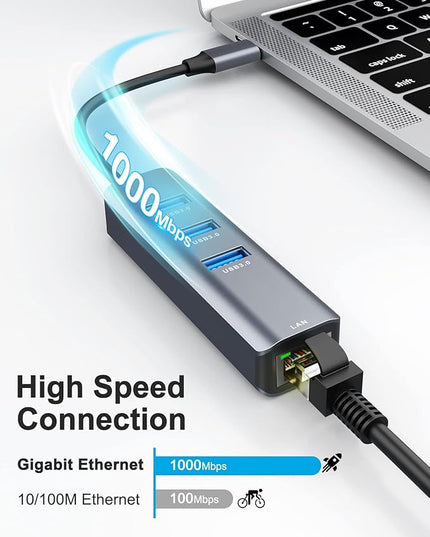 ABLEWE USB C to Ethernet Adapter, 4-in-1 RJ45 to USB-C/Thunderbolt 3 to Gigabit Ethernet LAN Network Adapter for MacBook Pro/Air 2023/2024, iPad Pro, iPhone 15/16 Pro/Max, Chromebook, XPS,Surface Book